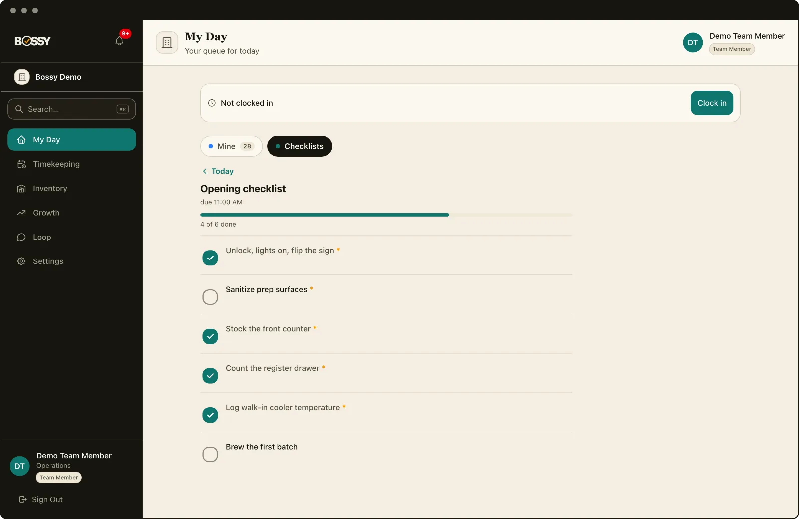 An opening checklist in Bossy, four of six steps done and checked off