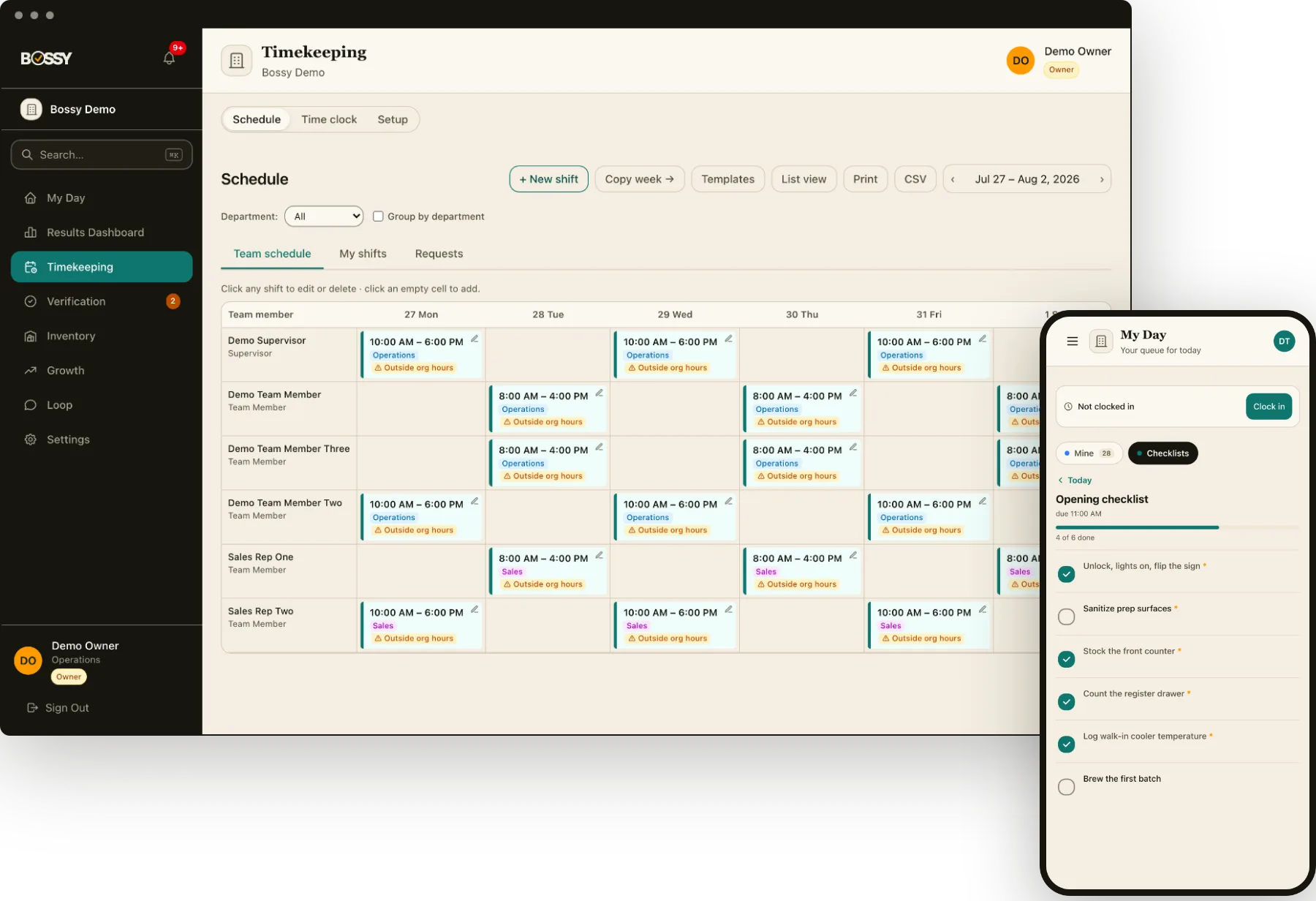 Bossy en escritorio y teléfono: el horario semanal para un gerente y un checklist de apertura para un miembro del equipo