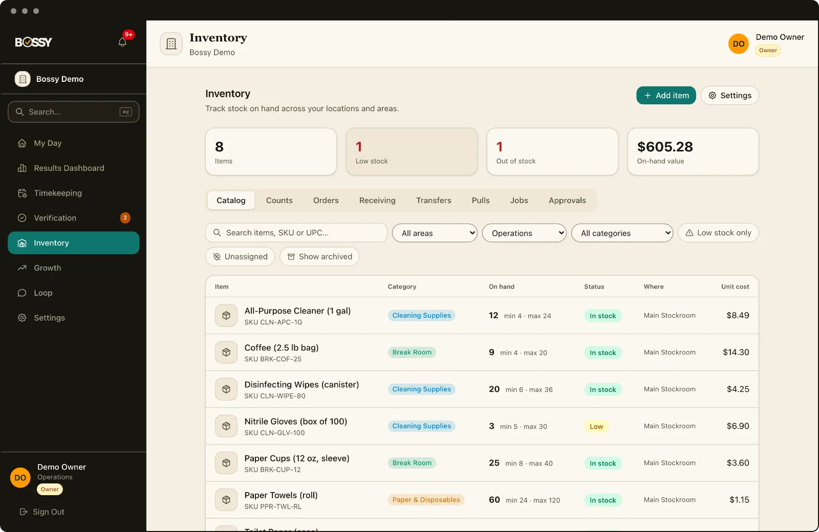 Inventario de Bossy: conteos, alertas de pocas existencias y valor en existencia por ubicación