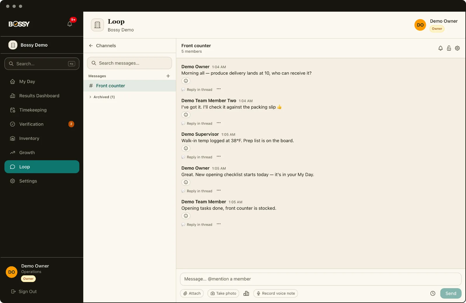 Una conversación en Loop de Bossy, el canal Front counter