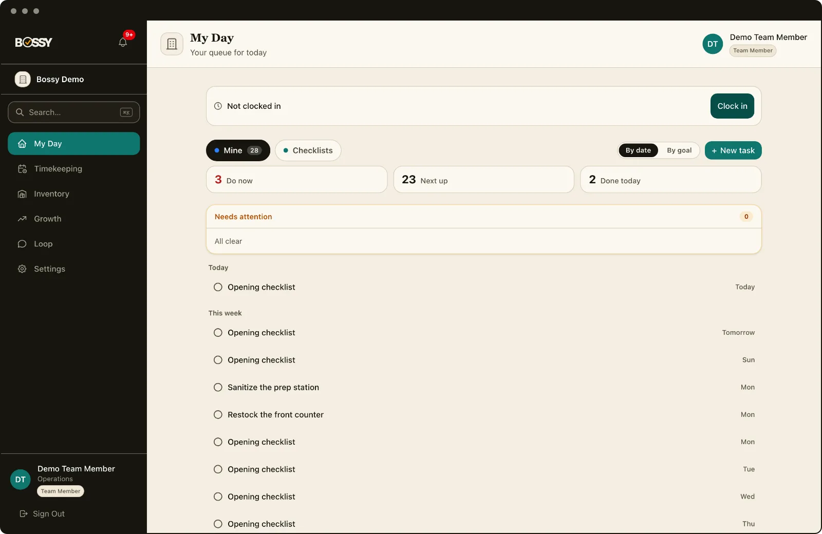 Bossy My Day: a team member's list of today's tasks and checklists, with clock-in status