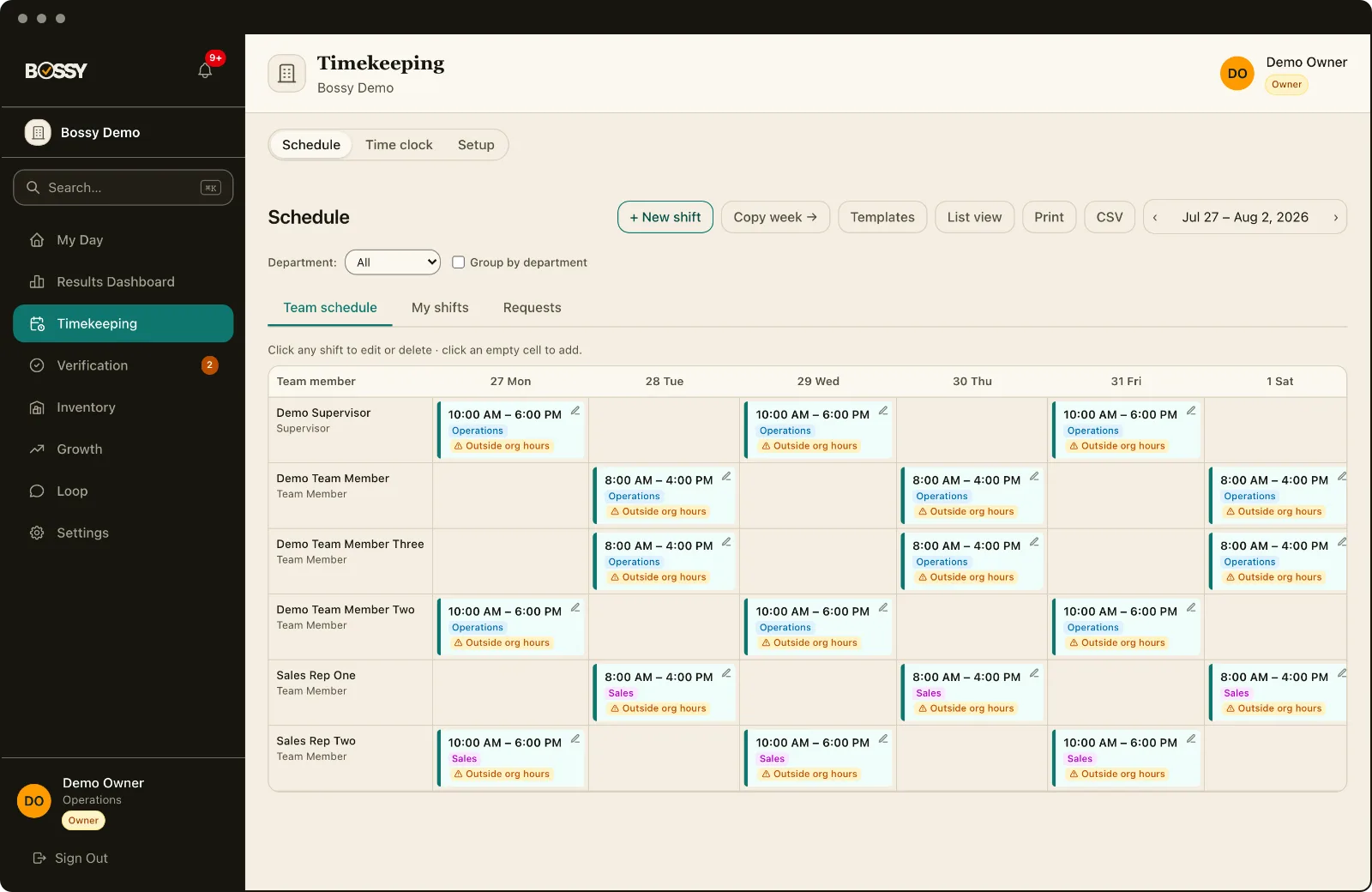 Bossy weekly schedule: shifts by team member with department labels