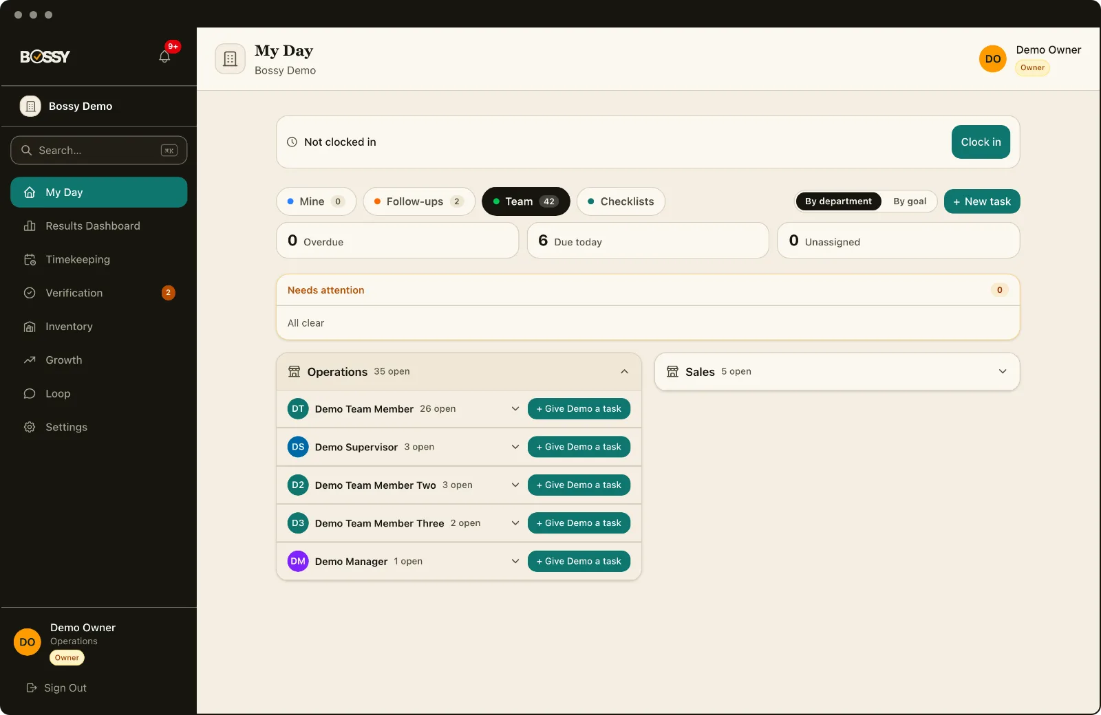 Bossy Team view: every team member's tasks for today across departments