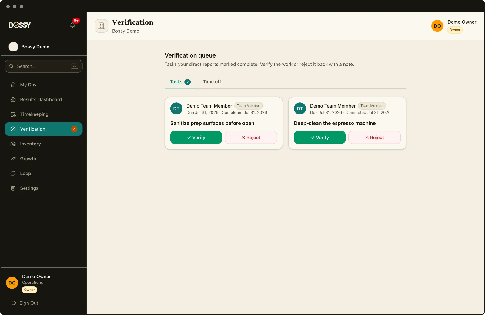 Bossy verification queue: a manager approving or rejecting completed work